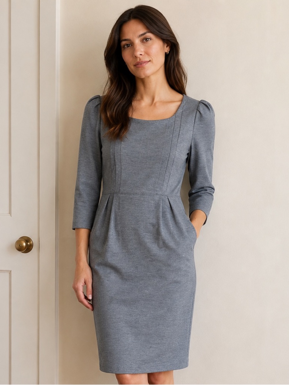Size L Structured Stretchy Professional Work Dress Gray Ponte Midi Pleat Puffed